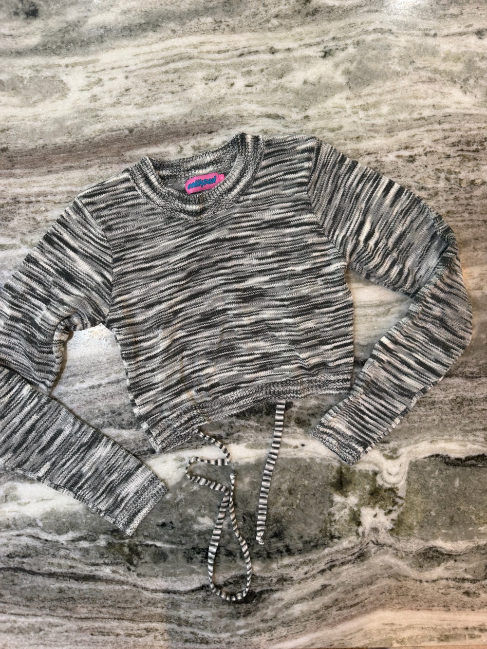 Edikted Marled Green & White Cropped Drawstring Crewneck Sweater with Open Back